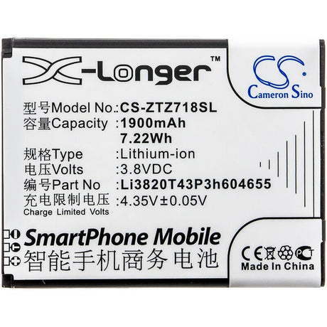 3.8V, Li-ion, 1900mAh, SmartPhone battery fits Zte, Li3820t43p3h604655, Jasper, Jasper Lte, 7.22Wh Mobile, SmartPhone Cameron Sino Technology Limited (Smartphone)