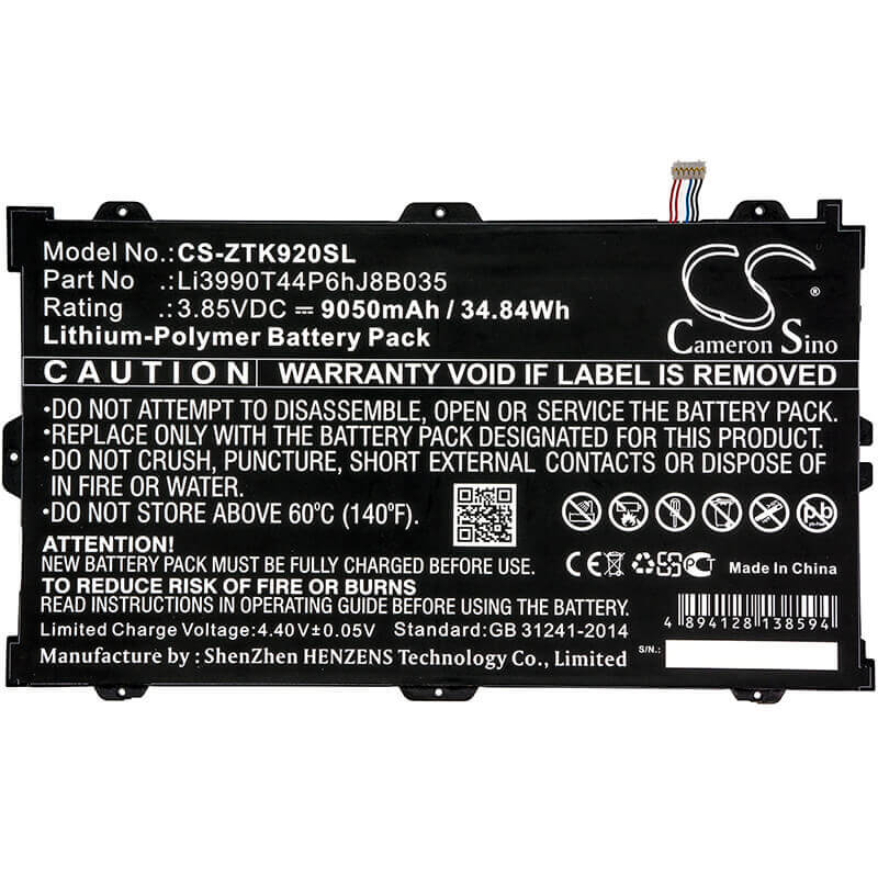 3.85V, Li-Polymer, 9050mAh, Tablet battery fits Zte, Li3990t44p6hj8b035, K92, Primetime, 34.84Wh Tablet Cameron Sino Technology Limited