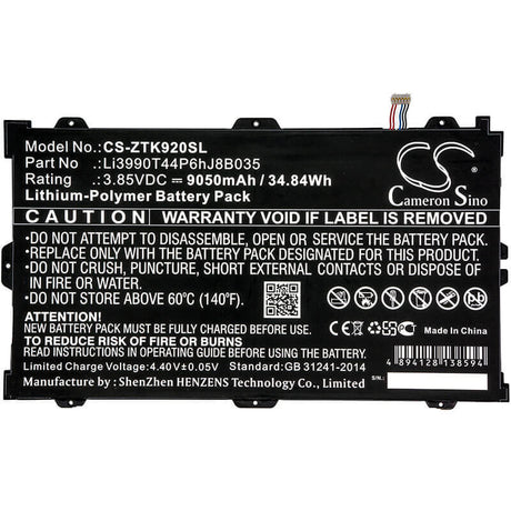 3.85V, Li-Polymer, 9050mAh, Tablet battery fits Zte, Li3990t44p6hj8b035, K92, Primetime, 34.84Wh Tablet Cameron Sino Technology Limited