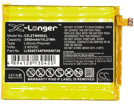 3.85V, Li-Polymer, 3950mAh, SmartPhone battery fits Zte, Li3940t44p8h846748, Blade Max 3, Blade Max 3 Lte-a, 15.21Wh Mobile, SmartPhone Cameron Sino Technology Limited (Smartphone)