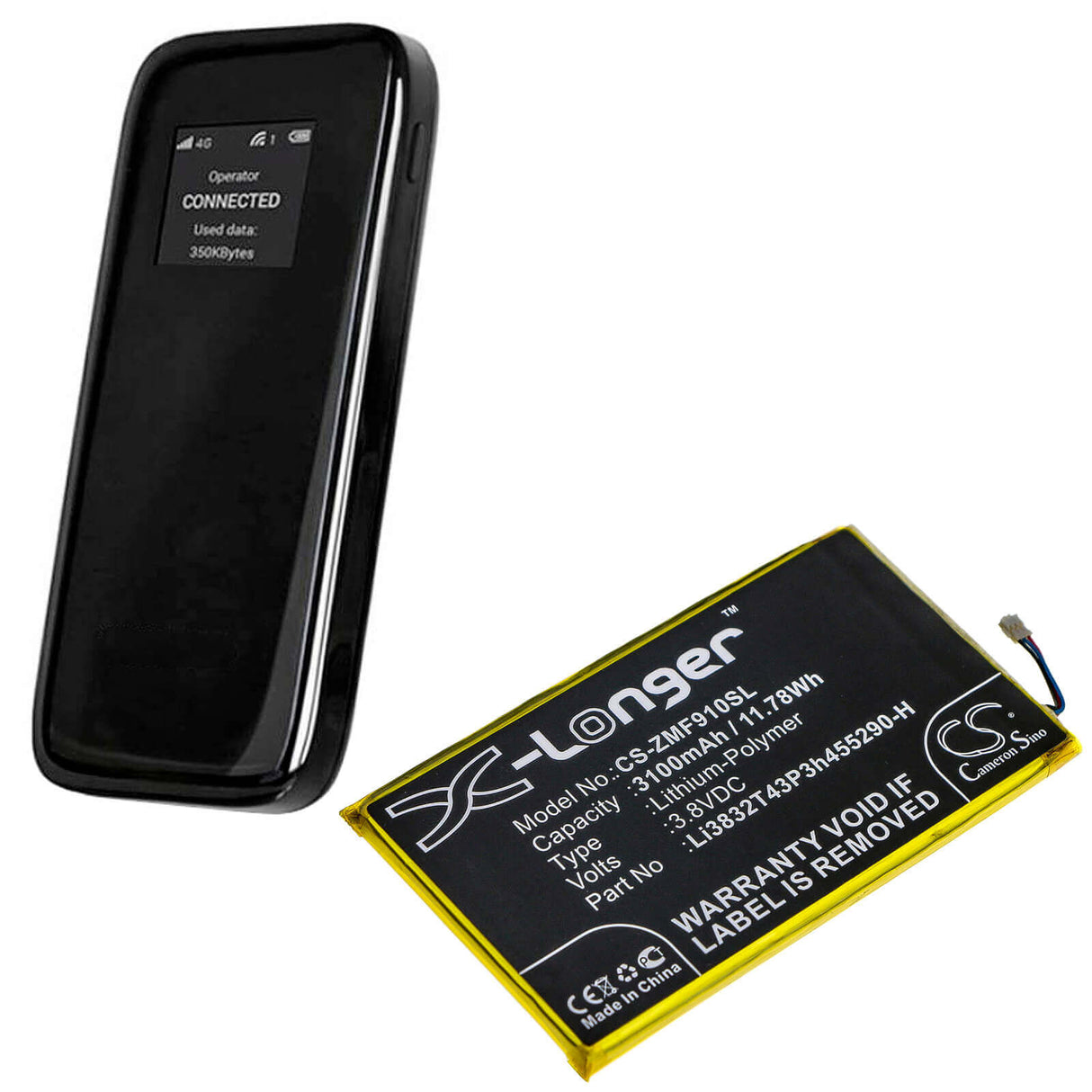 3.8V, Li-Polymer, 3100mAh, Hotspot battery fits Zte, Li3832t43p3h455290-h, Mf900, 11.78Wh Hotspot Cameron Sino Technology Limited