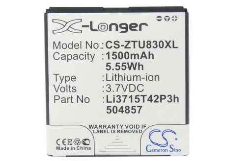 3.7V, Li-ion, 1500mAh, SmartPhone battery fits At&t, Net10, T-mobile, Amazing, Zte, Li3715t42p3h504857, A1, 5.55Wh Mobile, SmartPhone Cameron Sino Technology Limited (Smartphone)