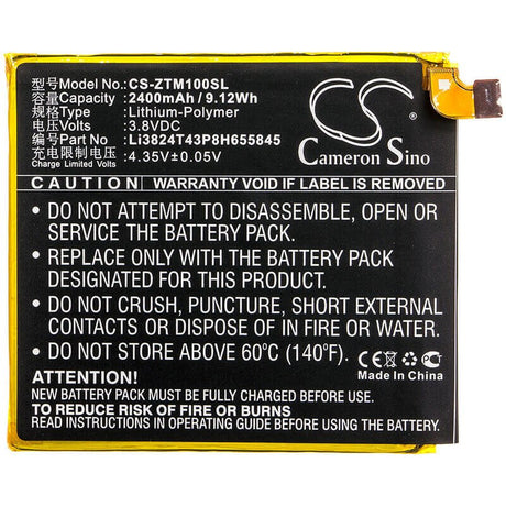 3.8V, Li-Polymer, 2400mAh, SmartPhone battery fits Zte, Li3824t43p8h655845, Mono Mo-01j, Mono Mo-01j Td-lte, 9.12Wh Mobile, SmartPhone Cameron Sino Technology Limited (Smartphone)