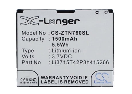 3.7V, Li-ion, 1500mAh, SmartPhone battery fits Telenor, Uscellular, Net10, At&t, Sprint, Zte, Li3715t42p3h415266, Avail, N760 Roamer, 5.55Wh Mobile, SmartPhone Cameron Sino Technology Limited (Smartphone)