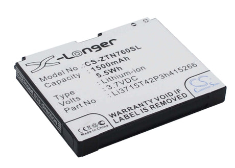 3.7V, Li-ion, 1500mAh, SmartPhone battery fits Telenor, Uscellular, Net10, At&t, Sprint, Zte, Li3715t42p3h415266, Avail, N760 Roamer, 5.55Wh Mobile, SmartPhone Cameron Sino Technology Limited (Smartphone)