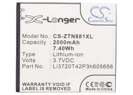 3.7V, Li-ion, 2000mAh, SmartPhone battery fits Zte, Li3720t42p3h605656, Blade G2, N881f, 7.4Wh Mobile, SmartPhone Cameron Sino Technology Limited (Smartphone)