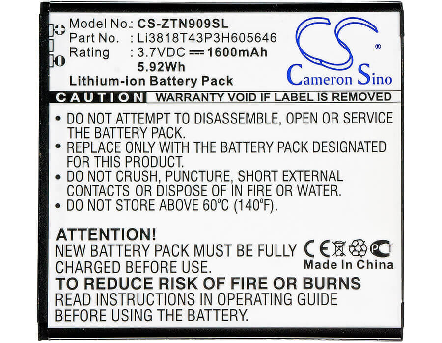 3.7V, Li-ion, 1600mAh, SmartPhone battery fits Srf, Zte, Li3715t42p3h605646, Startrall 4, 5.92Wh Mobile, SmartPhone Cameron Sino Technology Limited (Smartphone)