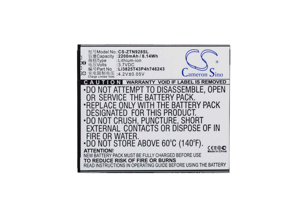3.7V, Li-ion, 2200mAh, SmartPhone battery fits Zte, Li3825t43p3h746243, N928, N928dt, 8.14Wh Mobile, SmartPhone Cameron Sino Technology Limited (Suspended)