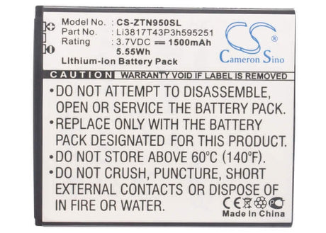 3.7V, Li-ion, 1500mAh, SmartPhone battery fits Zte, Li3716t42p3h595251, Blade L, Flash, 5.55Wh Mobile, SmartPhone Cameron Sino Technology Limited (Suspended)