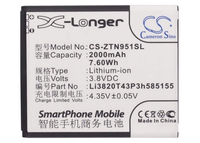 3.8V, Li-ion, 2000mAh, SmartPhone battery fits Cricket, Trafcone, At&t, Boostmobile, Straight Talk, Net10, Zte, Li3820t43p3h585155, Z998, 7.6Wh Mobile, SmartPhone Cameron Sino Technology Limited (Smartphone)