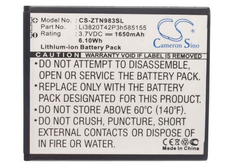 3.7V, Li-ion, 1650mAh, SmartPhone battery fits Zte, Li3820t42p3h585155, N983, Solar, 6.11Wh Mobile, SmartPhone Cameron Sino Technology Limited (Smartphone)