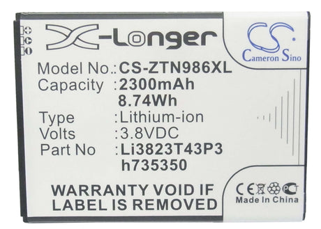 3.8V, Li-ion, 2300mAh, Hotspot battery fits At&t, Zte, T-mobile, Li3823t43p3h735350, Straight Talk, Z818g, 8.74Wh Hotspot Cameron Sino Technology Limited