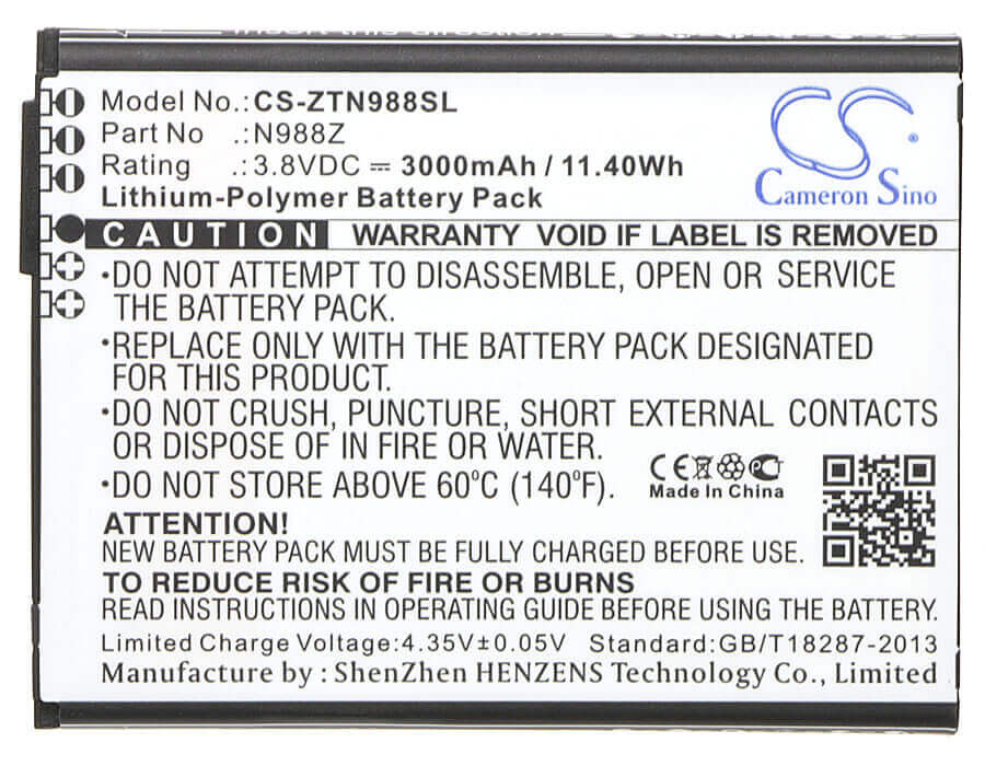 3.8V, Li-Polymer, 3000mAh, SmartPhone battery fits Zte, N988z, N988z, 11.4Wh Mobile, SmartPhone Cameron Sino Technology Limited (Smartphone)