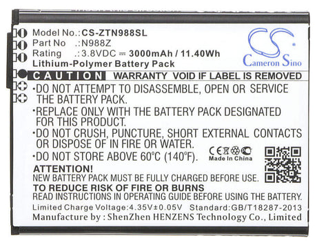 3.8V, Li-Polymer, 3000mAh, SmartPhone battery fits Zte, N988z, N988z, 11.4Wh Mobile, SmartPhone Cameron Sino Technology Limited (Smartphone)