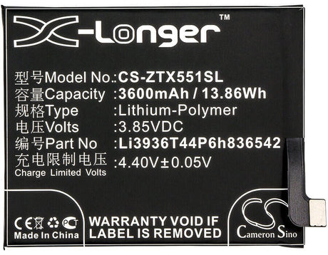 3.85V, Li-Polymer, 3600mAh, SmartPhone battery fits Zte, Nubia, Li3936t44p6h836542, M2, M2 Dual Sim, 13.86Wh Mobile, SmartPhone Cameron Sino Technology Limited (Smartphone)
