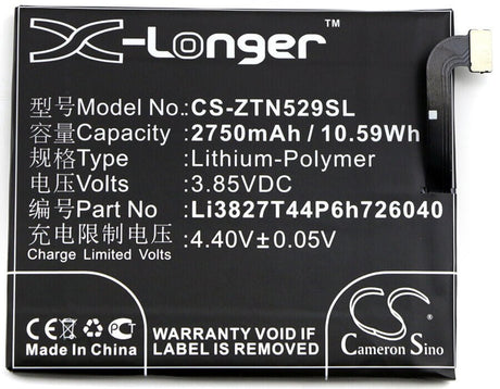 3.85V, Li-Polymer, 2750mAh, SmartPhone battery fits Zte, Li3827t44p6h726040, Nubia Z11 Mini, Nx529, 10.59Wh Mobile, SmartPhone Cameron Sino Technology Limited (Smartphone)