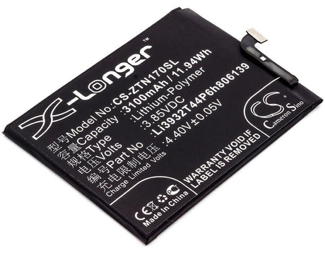 3.85V, Li-Polymer, 3100mAh, SmartPhone battery fits Zte, Li3932t44p6h806139, Nubia Z17, Nubia Z17 Dual Sim, 11.94Wh Mobile, SmartPhone Cameron Sino Technology Limited (Smartphone)