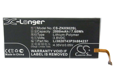 3.8V, Li-Polymer, 2000mAh, SmartPhone battery fits Zte, Li3820t43p3h984237, Nubia Z5 Mini, Nubia Z5s Mini, 7.6Wh Mobile, SmartPhone Cameron Sino Technology Limited (Suspended)