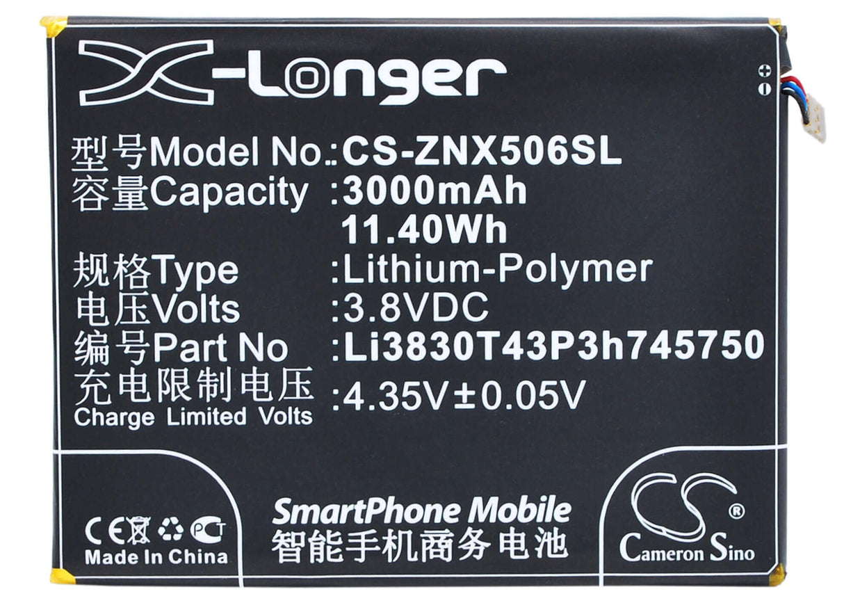 3.8V, Li-Polymer, 3000mAh, SmartPhone battery fits Zte, Li3830t43p3h745750, Nubia Z7, Nubia Z7 Dual Sim, 11.4Wh Mobile, SmartPhone Cameron Sino Technology Limited (Suspended)
