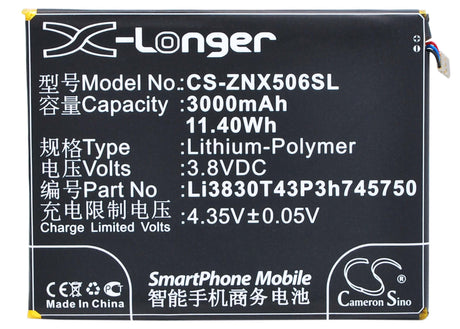 3.8V, Li-Polymer, 3000mAh, SmartPhone battery fits Zte, Li3830t43p3h745750, Nubia Z7, Nubia Z7 Dual Sim, 11.4Wh Mobile, SmartPhone Cameron Sino Technology Limited (Suspended)