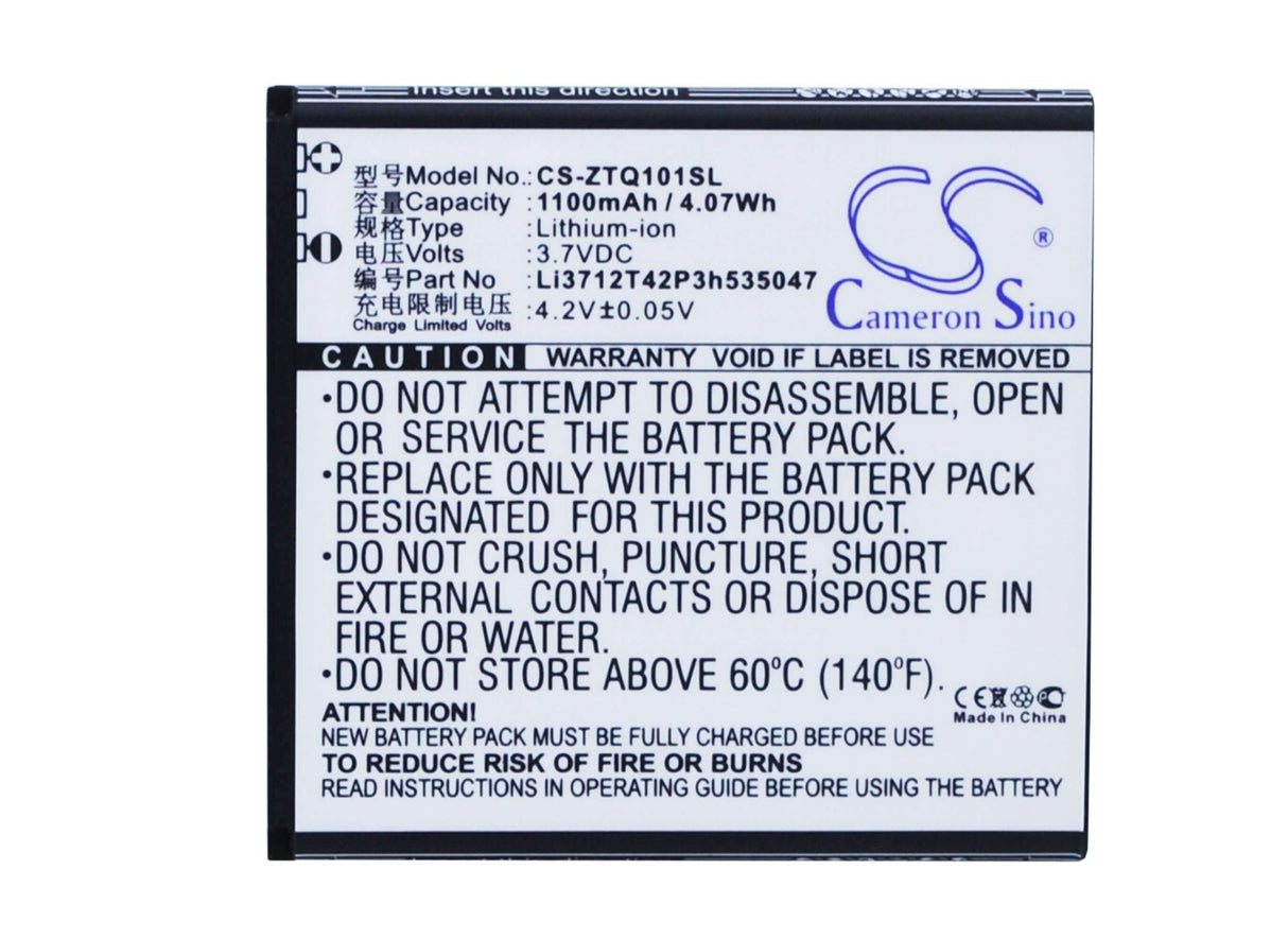3.7V, Li-ion, 1100mAh, SmartPhone battery fits Zte, Li3712t42p3h535047, Q101t, 4.07Wh Mobile, SmartPhone Cameron Sino Technology Limited (Suspended)