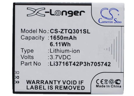 3.7V, Li-ion, 1650mAh, SmartPhone battery fits A+world, Li3716t42p3h705742, Cg503, 6.11Wh Mobile, SmartPhone Cameron Sino Technology Limited (Suspended)