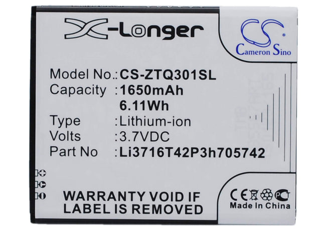 3.7V, Li-ion, 1650mAh, SmartPhone battery fits A+world, Li3716t42p3h705742, Cg503, 6.11Wh Mobile, SmartPhone Cameron Sino Technology Limited (Suspended)