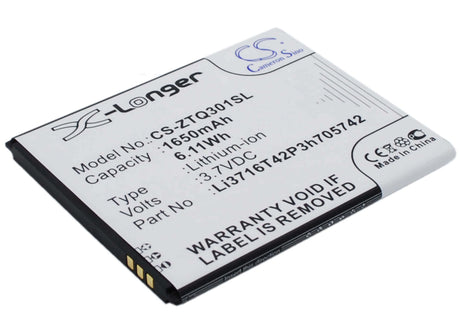 3.7V, Li-ion, 1650mAh, SmartPhone battery fits A+world, Li3716t42p3h705742, Cg503, 6.11Wh Mobile, SmartPhone Cameron Sino Technology Limited (Suspended)
