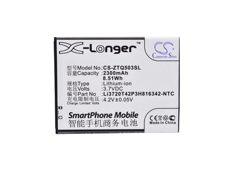 3.7V, Li-ion, 2300mAh, SmartPhone battery fits Zte, Li3720t42p3h816342, Q503c, Q503u, 8.51Wh Mobile, SmartPhone Cameron Sino Technology Limited (Suspended)