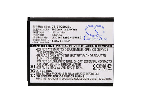 3.8V, Li-ion, 1800mAh, SmartPhone battery fits Brondi, Zte, Li3716t42p3h604852, Luxury 5, 6.84Wh Mobile, SmartPhone Cameron Sino Technology Limited (Smartphone)