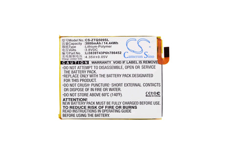 3.8V, Li-Polymer, 3800mAh, SmartPhone battery fits Zte, Li3839t43p6h786452, Q509t, Q509t Dual Sim Td-lte, 14.44Wh Mobile, SmartPhone Cameron Sino Technology Limited (Suspended)