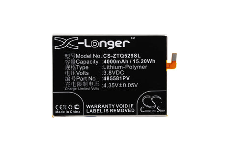 3.8V, Li-Polymer, 4000mAh, SmartPhone battery fits Zte, 485581pv, Q529, Q529c, 15.2Wh Mobile, SmartPhone Cameron Sino Technology Limited (Suspended)
