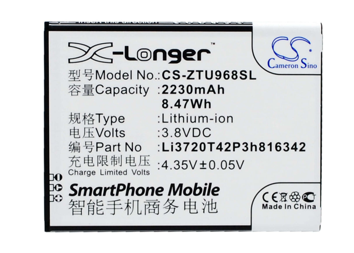 3.8V, Li-ion, 2230mAh, SmartPhone battery fits Zte, Li3720t42p3h816342, N968, Q508, 8.47Wh Mobile, SmartPhone Cameron Sino Technology Limited (Smartphone)