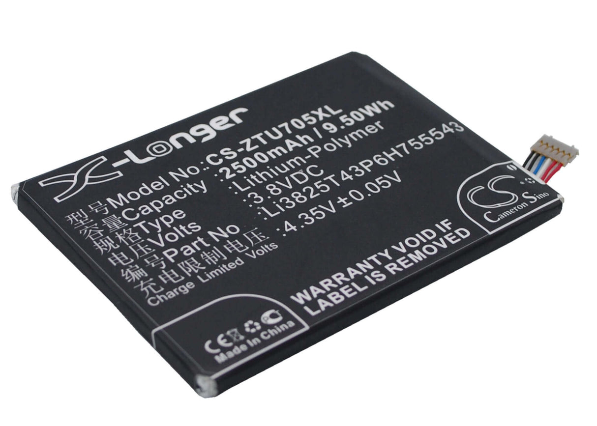 3.8V, Li-Polymer, 2500mAh, SmartPhone battery fits Telstra, Zte, Li3825t43p6h755543, T84, Tough Max, 9.5Wh Mobile, SmartPhone Cameron Sino Technology Limited (Smartphone)