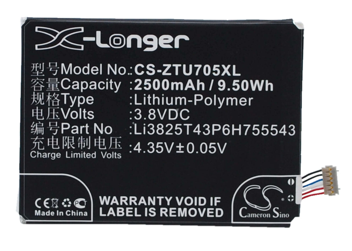 3.8V, Li-Polymer, 2500mAh, SmartPhone battery fits Telstra, Zte, Li3825t43p6h755543, T84, Tough Max, 9.5Wh Mobile, SmartPhone Cameron Sino Technology Limited (Smartphone)