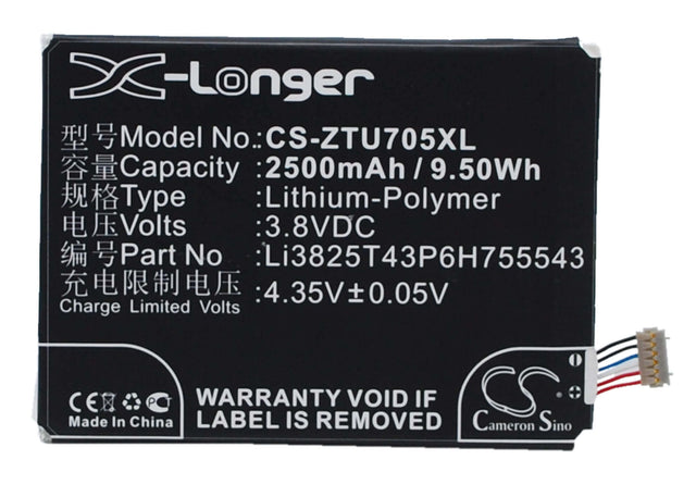 3.8V, Li-Polymer, 2500mAh, SmartPhone battery fits Telstra, Zte, Li3825t43p6h755543, T84, Tough Max, 9.5Wh Mobile, SmartPhone Cameron Sino Technology Limited (Smartphone)