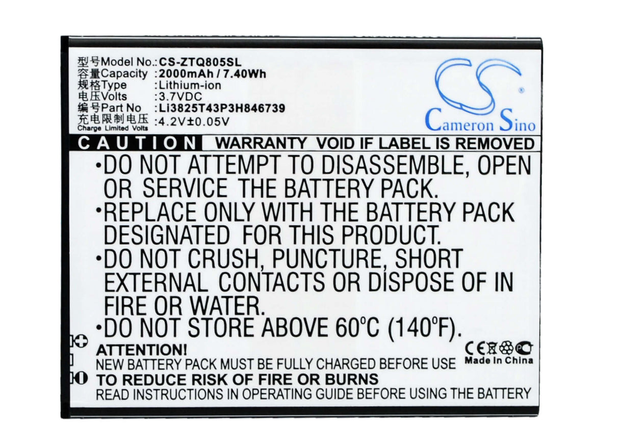 3.7V, Li-ion, 2000mAh, SmartPhone battery fits Zte, Li3825t43p3h846739, Q805t, 7.4Wh Mobile, SmartPhone Cameron Sino Technology Limited (Suspended)