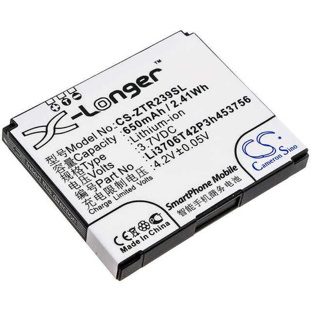 3.7V, Li-ion, 650mAh, SmartPhone battery fits Zte, Li3706t42p3h453756, R239, 2.41Wh Mobile, SmartPhone Cameron Sino Technology Limited (Suspended)