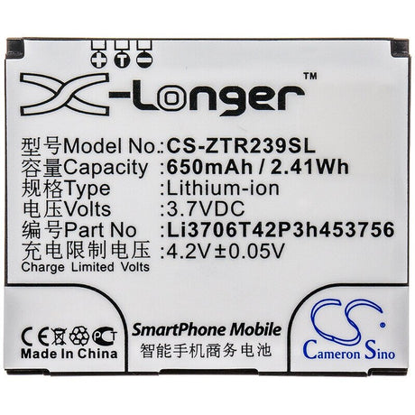 3.7V, Li-ion, 650mAh, SmartPhone battery fits Zte, Li3706t42p3h453756, R239, 2.41Wh Mobile, SmartPhone Cameron Sino Technology Limited (Suspended)