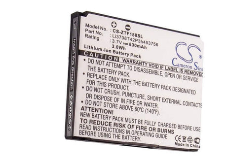 3.7V, Li-ion, 830mAh, SmartPhone battery fits Telstra, Verizon, Zte, Li3707t42p3h443747, Cranberry, F168, 3.07Wh Mobile, SmartPhone Cameron Sino Technology Limited (Smartphone)