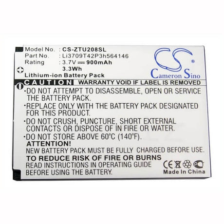 3.7V, Li-ion, 900mAh, SmartPhone battery fits Zte, Li3709t42p3h564146, U208, U506, 3.33Wh Mobile, SmartPhone Cameron Sino Technology Limited (Suspended)