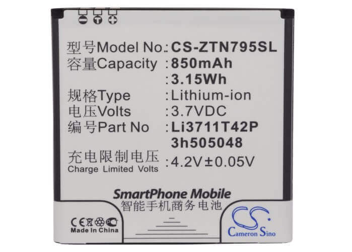 3.7V, Li-ion, 850mAh, SmartPhone battery fits Zte, Li3711t42p3h505048, N795, U791, 3.15Wh Mobile, SmartPhone Cameron Sino Technology Limited (Suspended)