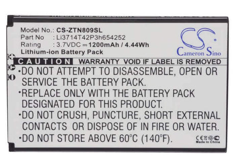 3.7V, Li-ion, 1200mAh, SmartPhone battery fits Zte, Li3714t42p3h654252, U809, V809, 4.44Wh Mobile, SmartPhone Cameron Sino Technology Limited (Suspended)