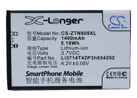 3.7V, Li-ion, 1400mAh, SmartPhone battery fits Zte, Li3714t42p3h654252, U809, V809, 5.18Wh Mobile, SmartPhone Cameron Sino Technology Limited (Suspended)