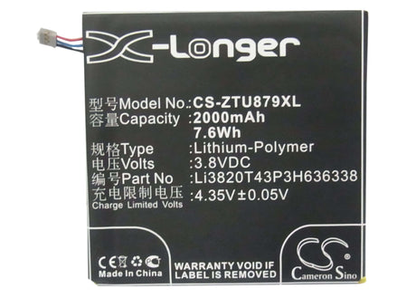 3.8V, Li-Polymer, 2000mAh, SmartPhone battery fits Zte, Li3820t43p3h636338, A75, Blade L2, 7.6Wh Mobile, SmartPhone Cameron Sino Technology Limited (Smartphone)