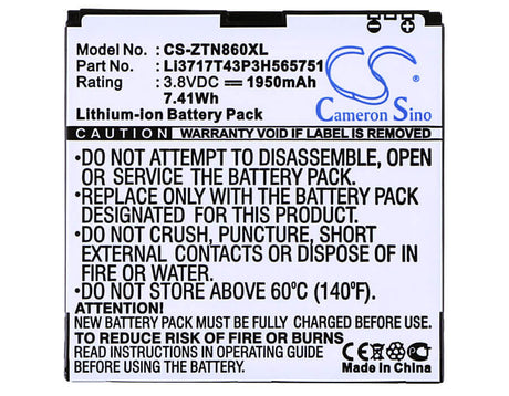3.8V, Li-ion, 1950mAh, SmartPhone battery fits Metropcs, Sprint, Uscellular, Boostmobile, Medion, Zte, Li3717t43p3h565751, 4g 5.0mp, N860, 7.41Wh Mobile, SmartPhone Cameron Sino Technology Limited (Smartphone)