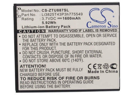 3.7V, Li-ion, 1600mAh, SmartPhone battery fits Zte, Li3702t42p3h736445, U887, 5.92Wh Mobile, SmartPhone Cameron Sino Technology Limited (Suspended)
