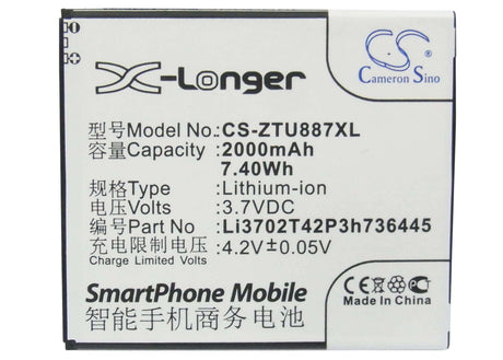 3.7V, Li-ion, 2000mAh, SmartPhone battery fits Zte, Li3702t42p3h736445, U887, 7.4Wh Mobile, SmartPhone Cameron Sino Technology Limited (Suspended)