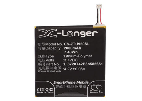3.7V, Li-Polymer, 2000mAh, SmartPhone battery fits Zte, Li3720t42p3h585651, Blade Super, Grand X Pro, 7.4Wh Mobile, SmartPhone Cameron Sino Technology Limited (Smartphone)
