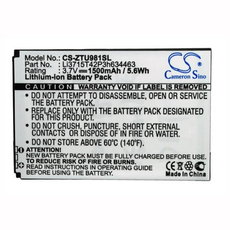 3.7V, Li-ion, 1500mAh, SmartPhone battery fits Zte, Li3715t42p3h634463, D820, D821, 5.55Wh Mobile, SmartPhone Cameron Sino Technology Limited (Suspended)